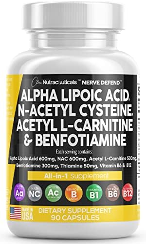 Alpha Lipoic Acid 600mg N-Acetyl Cysteine 600mg Acetyl L-Carnitine 500mg Benfotiamine 300mg - Nerve Support Supplement for Women and Men with Vitamin B1, B6 & B12 - Made in USA 90 Caps Clean Nutraceuticals