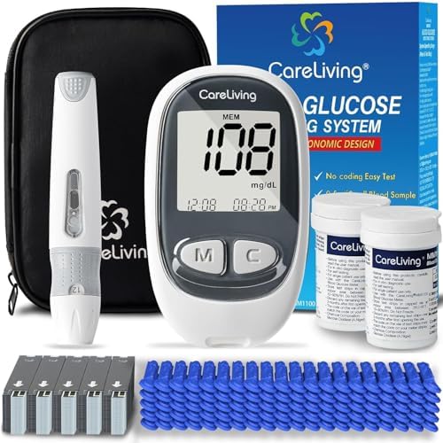 MM1100 Blood Glucose Monitor Kit with 100 Test Strips, 100 Lancets, 1 Blood Glucose Meter, 1 Lancing Device, Diabetes Testing Kit, Portable Blood Sugar Test Kit, Glucometer Kit for Home CARELIVING