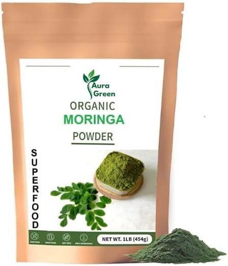 Aura Green Moringa Powder (Порошок) Organic, 3.5oz, Non-GMO, Organic Superfood, High Protein, Boost Energy, Pure Moringa Powder Enhance Immunity, Moringa oleifera Powder, USDA Certified Generic