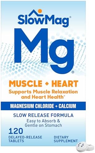 SlowMag Muscle + Heart Magnesium Chloride with Calcium Supplement to Support Muscle Relaxation, Occasional Muscle Cramping & Heart Health, High Absorption, 120 Count Slow-Mag