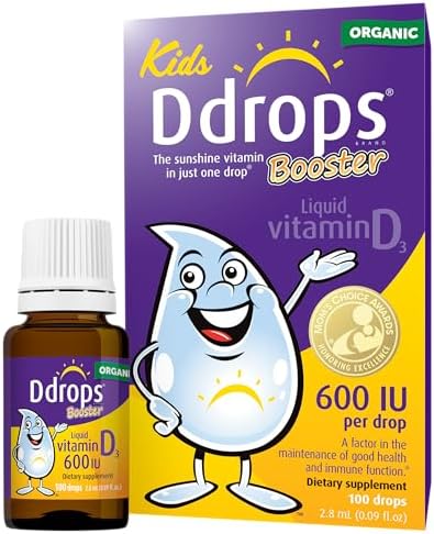 Ddrops Kids Booster 600IU 100 Drops - Daily Liquid Vitamin D for Kids. Support Strong Bones & Immune System in Children. No Preservatives, No Sugar, Non-GMO, Allergy-Friendly (Pack of 2) Ddrops