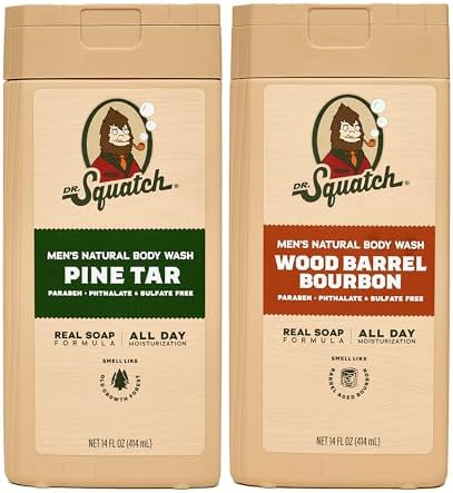 Dr. Squatch NEW Natural Body Wash for Men - Exfoliating - Wood Barrel Bourbon + Pine Tar (14 oz, 2 Pack) Dr. Squatch