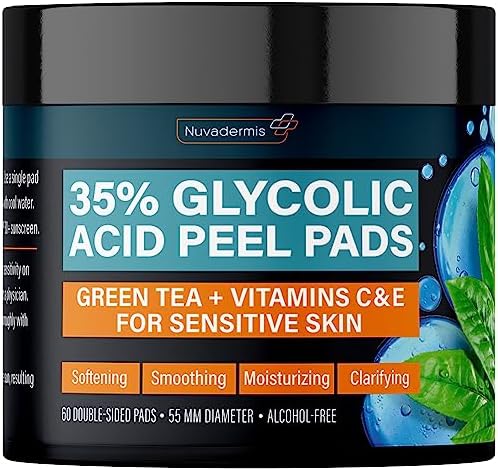 NUVADERMIS 35% Glycolic Acid Peel Pads – Exfoliating Facial Resurfacing for Blackheads, Dark Spots, and Acne – Safe for Sensitive Skin – 60 Double-Sided Pads NUVADERMIS