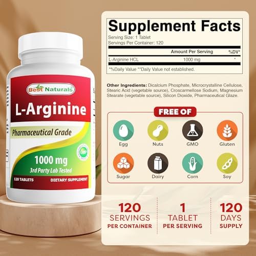 (New Improved Formula) Best Naturals L-Arginine 1000 mg 120 Tablets (Таблетки) - Pharmaceutical Grade L Arginine supplement promotes nitric oxide synthesis Best Naturals