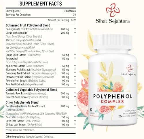 67,500 MG Polyphenols Supplement - Powerful Antioxidants & Polyphenol for Age Defense, Polyphenol Superfood, Quercetin, Resveratrol, Green Tea, Plant-Based & Energy, Immune Support, 90 Capsules (Капсулы) Sihat Sejahtera