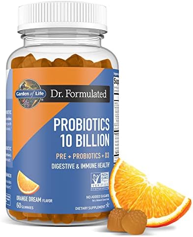 Garden of Life Dr Formulated 10 Billion CFU Prebiotic Fiber & Probiotic Gummies (Жевательные конфеты) with Vitamin D3 for Digestive and Immune Health – Gluten Free, Non GMO, No Added Sugar, Orange Dream Flavor, 60 Gummies Garden of Life