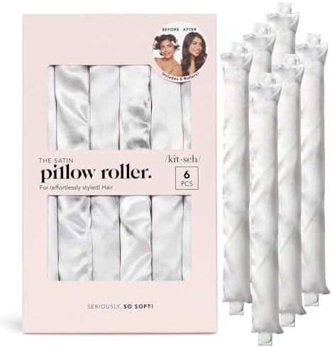 Kitsch Satin Pillow Rollers - Soft Rollers Softer than Silk for All Hair Types, Flexible Heatless Curling Rod, 6pc Marble Kitsch