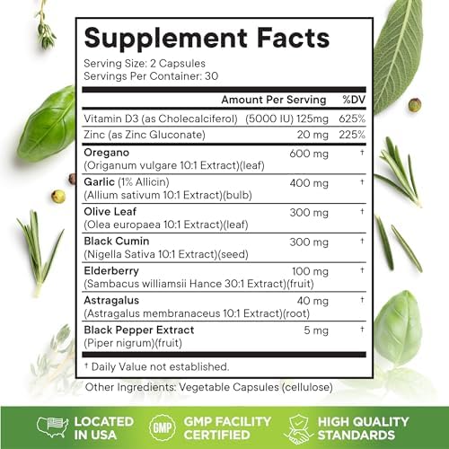 Oregano Oil 6000mg Garlic Extract 4000mg Olive Leaf 3000mg Black Seed Oil 3000mg Astragalus-Immune Support & Digestive Health Supplement for Women and Men- 60 Count Superfood MD