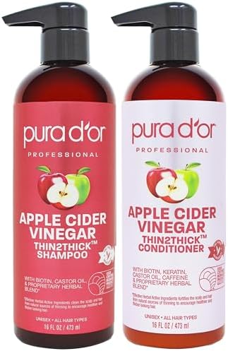 PURA D'OR Apple Cider Vinegar Thin2Thick Set Shampoo Conditioner for Regrowth, Hair Loss, Clarifying, Detox (2 x 16oz) Biotin, Keratin, Caffeine, Castor Oil, All Hair Type, Men/Women, Packaging varies Product Name PURA D'OR