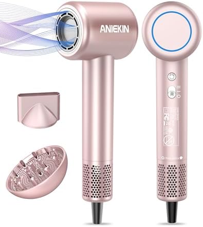 Hair Dryer, High-Speed Ionic Low Noise Blow Dryer with Brushless Motor for Fast Drying, Thermo-Control Quiet Compact Hair Blow Dryer with Magnetic Diffuser for Curly Hair for Home Travel Salon ANIEKIN