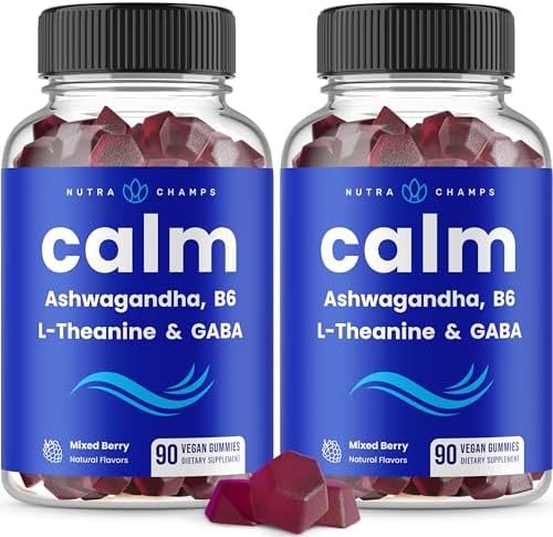 NutraChamps Calm Gummies, Stress Gummies Supplement with Ashwagandha, L-Theanine, GABA, Vitamin B6 & Lemon Balm, Supports Mood, Focus & Stress Relief, Natural Berry, 90 Gummies NutraChamps