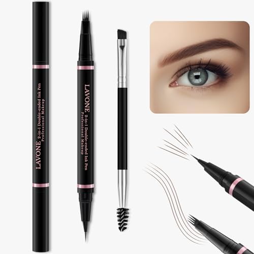 Eyebrow Pencil,2-in-1 Waterproof Eyebrow Pen with 4 Tip Brow Pen and Ultra-Precise Brow Pencil,with Dual-ended Eyebrow Brush,Eyebrow Makeup for Natural Looking Eyebrows-Ash Brown LAVONE