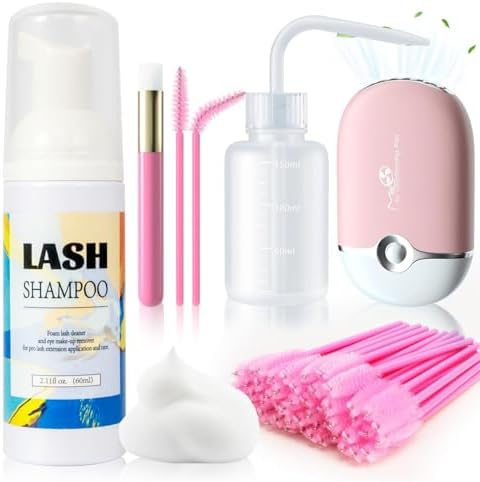 Buqikma Lash Shampoo for Lash Extensions, Mini Lash Fan 2.11Floz Rich Foam Eyelash Shampoo 50 Pcs Eyelash Brush and Rinse Bottle for Eyelash Wash Remover Lash Extension Cleanser for Home Use (Black) Buqikma