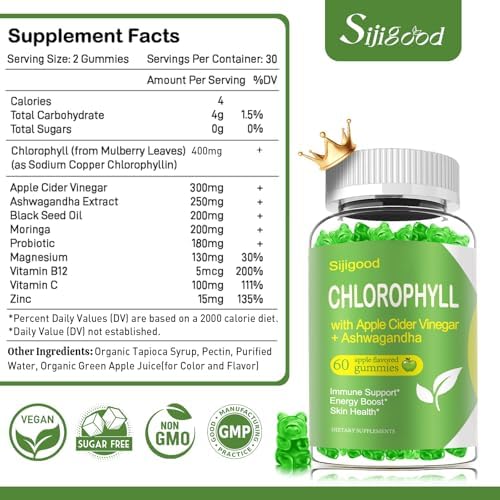 Chlorophyll Gummies (Жевательные конфеты) with Black Seed Oil, Moringa, Probiotic for Body Odor, Digestion, Skin, Hair, and Immunity Support - Adults Kids Women Men, 60 Apple Flavored Gummies Sijigood