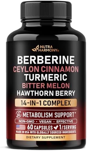 Berberine with Ceylon Cinnamon 8500 mg with Apple Cider Vinegar | Hawthorn Berry | Citrus Bergamot | Bitter Melon - 14-in-1 Supplement for Heart Support, Metabolism & Energy - Vegan, 60 Capsules (Капсулы) Nutraharmony