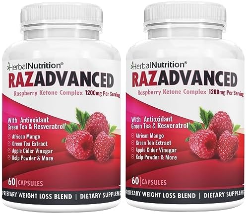 RAZADVANCED Raspberry Ketones Weight Loss Complex, 2 Bottle Pack, 120 Capsules (Капсулы), 1200mg Per Serving (Порция) African Mango, Apple Cider Vinegar, Green Tea, Resvertrol, Acai Fruit, Kelp and Grapefruit Herbal Nutrition