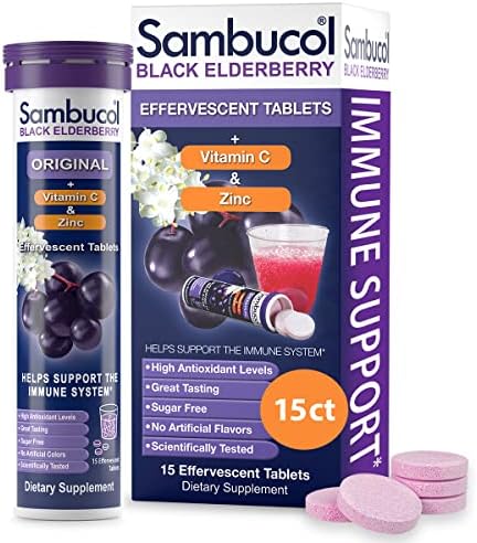 Sambucol Black Elderberry Effervescent Tablets (Шипучие таблетки) - Elderberry with Zinc and Vitamin C for Adults, Elderberry Dissolving Tablets, Berries - 15 Count Sambucol