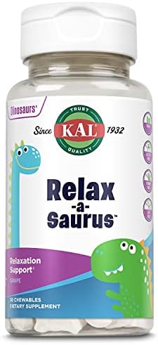 KAL Relax-a-Saurus, Stress Support Supplement for Kids, L-Theanine for Children with Herbal Stress Relief & Relaxation & Blend, Delicious Natural Grape Flavor, 60-Day Guarantee, 30 Chewables (Жевательные таблетки) Kal