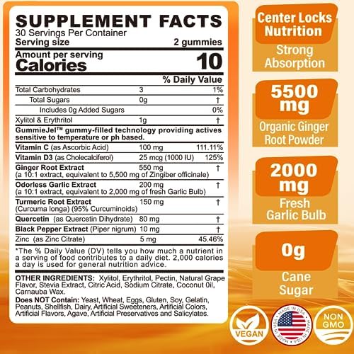 Ginger Chews Supplement Gummies for Nausea, Stomach Relief - Sugar Free with Turmeric & Odorless Garlic, Quercetin, Vitamin D3 C, Ultra Absorption for Digestive Support Occasional Bloating & Gas,1Pack Lilicare