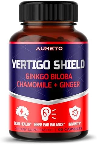 Vertigo Support Complex with Ginkgo Biloba, Chamomile, Ginger, Vitamin D3, B12 - Advanced 14-in-1 Formula for Spinning Dizziness Inner Ear Balance* - Made in The USA AUMETO