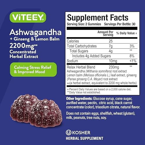 Ashwagandha Supplements Gummies (Жевательные конфеты) + Ginseng & Lemon Balm Herbal Extract - Ashwagandha Gummies for Calm, Relax, Restore, Unwind - Vegan, Gelatin Free, Gluten Free, GMO Free, Tasty Chewable Berry Flavored Viteey