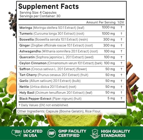 Turmeric Curcumin 30000mg Ginger 3000mg Moringa 50000mg Boswellia 3000mg Saffron 2000mg Holy Basil- Joint Support Supplement for Women and Men with Ceylon Cinnamon, Quercetin, Tart Cherry- 120 Count Superfood MD