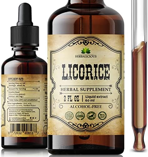 Licorice Root Extract 2 FL OZ - Glycyrrhiza Glabra - Organic Herbal Supplement for Digestion Restore Respiratory Health Fatigue & Immunity Support Vegan Gluten Free HERBALICIOUS