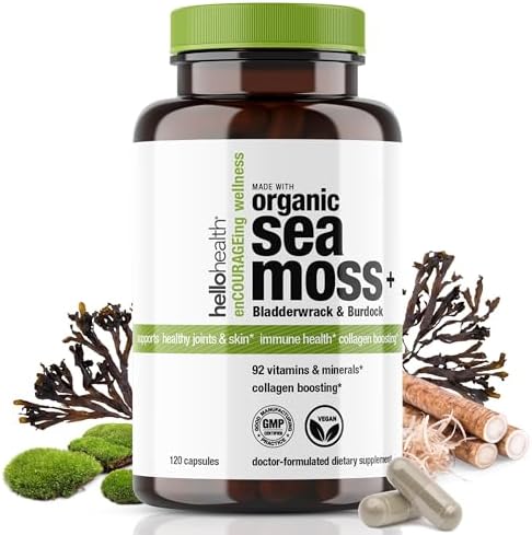 Organic Irish Sea Moss Capsules (Капсулы): Wildcrafted Sea Moss, Burdock Root & Bladderwrack Prebiotic Super Food for Immune Support, Thyroid Support, Natural Energy, Gut Health, Skin & Joint Health -120 Caps Hello Health