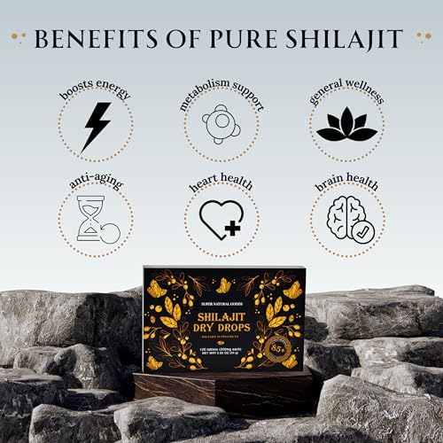 Pure Shilajit Resin Dry Drops (Капли) - High Potency, Grade A, 100% Pure & Natural with Fulvic Acid & 85+ Trace Minerals for Better Energy Metabolism & Immune Support | 60 Easy-To-Take Tablets (Таблетки) for Men & Women Super Natural Goods