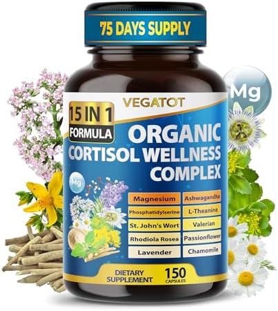 VEGATOT Organic Cortisol Wellness Complex 15-in-1 Formula with Magnesium Ashwagandha St. John's Wort Valerian Rhodiola Rosea Passionflower Chamomile VEGATOT