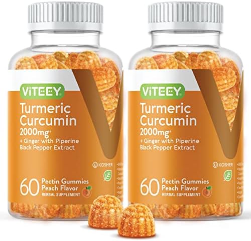 Turmeric Gummies with Turmeric Curcumin 2000mg, Ginger & Black Pepper Extract - Immune Support, Healthy Skin, and Joint Health - Vegan, Gelatin Free, GMO Free - Tasty Chewable Peach Flavored Gummy Viteey