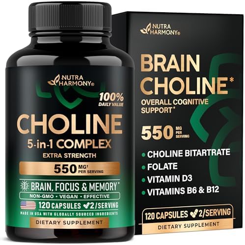 Choline Supplement 550mg - Choline Bitartrate 100% Daily Value - 5-in-1 Complex with Folate, Vitamins D3, B6 & B12 - Brain & Nervous System Support, Safe for Pregnancy - Vegan, NON-GMO - 120 Capsules (Капсулы) NUTRAHARMONY