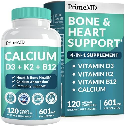 4-in-1 Calcium 1200mg with Vitamin D3 - Calcium Supplement w/Vitamin K2 B12 5000 IU - Extra Strength Calcium Citrate Supplement for Bone & Heart Support - Calcium Supplements for Women and Men, 120ct PrimeMD