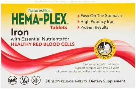 NaturesPlus Hema-Plex Iron - 30 Slow-Release Tablets (Таблетки), Pack of 3 - Total Blood Health - 85 mg Chelated Iron - With Vitamin C & Bioflavonoids - Non GMO, Vegetarian & Gluten Free - 90 Total Servings (Порции) Natures Plus