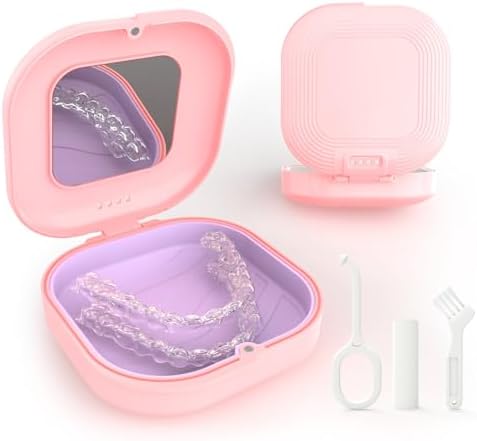 Retainer Case, Aligner Case with Vent Holes Compatible with Invisalign, Mouth Guard Case, Cute Retainer Case with Mirror, Replaceable Silicone Pads with Retainer Removal Tool and Brush, Black Vcareu