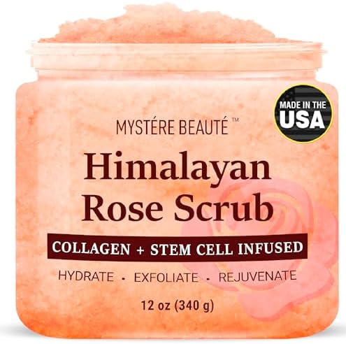 Himalayan Salt Body Scrub 12 oz - with Collagen and Stem Cells - Exfoliating Salt Scrub for Cellulite - Deep Cleansing for Acne, Scars, Wrinkles - Moisturizes Skin MYSTÉRE BEAUTÉ