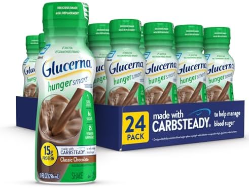 Glucerna Hunger Smart Shake, Diabetic Drink, Blood Sugar Management, 15g Protein, 180 Calories, Classic Chocolate, 10-fl-oz (Унции) Bottle, 24 Count Glucerna