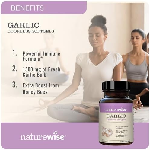 NatureWise Odorless Garlic Pills 1500 mg - with Royal Bee Jelly & Bee Pollen - Herbal Supplement for Heart Health + Immune System + Antioxidants - Gluten-Free, Non-GMO - 60 Softgels (Мягкие капсулы) [2-Month Supply] NatureWise