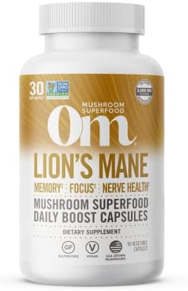 OM Mushroom Superfood Lion's Mane Mushroom Capsules (Капсулы) Superfood Supplement, 180 Count, 60 Days, Fruit Body and Mycelium Nootropic for Memory Support, Focus, Clarity, Nerve Health, Creativity and Mood OM