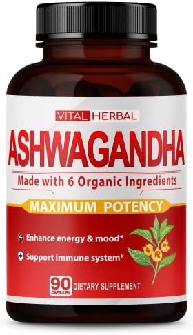 Organic Ashwagandha Capsules (Капсулы) Equivalent to 7050mg - Maximum Potency with L-Theanine Turmeric Rhodiola St. John's Wort Increase Strength Focus Mood Sleep Support (90 Count (Pack of 1)) VITAL HERBAL