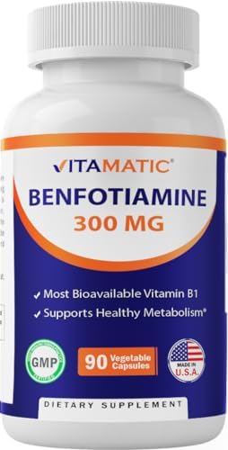 Vitamatic Benfotiamine 300 mg 90 Vegetarian Capsules (Вегетарианские капсулы) - Also Called Fat Soluble Vitamin B1 (90 Count (Pack of 1)) (1 Bottle) Vitamatic