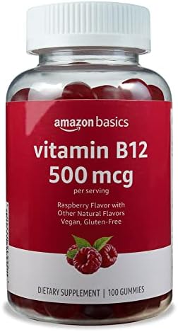 Amazon Basics Vitamin B12 500 mcg Gummies - Normal Energy Production and Metabolism, Immune System Support, Raspberry, 100 Count (2 per Serving) (Previously Solimo) Amazon Basics