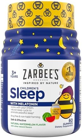 Zarbee's Children's Sleep Gummies with Melatonin, Non-Habit Forming Children's Sleep Gummies Work with Natural Sleep Cycles to Promote Peaceful Sleep, Drug-Free, Natural Strawberry, 60 ct Zarbee's