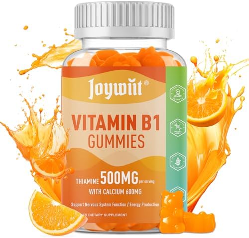 Vitamin B1 Gummies (Жевательные конфеты) 500mg, Thiamine B1 Supplement for Adults, with 600mg Calcium Citrate, Support Nervous System, Vegan, Chewable Natural Orange Flavor Joywiit