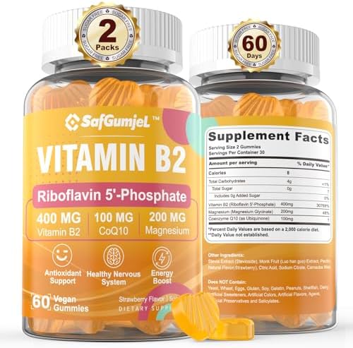 Vitamin B2 Gummies (Жевательные конфеты)- Riboflavin 200mg 400mg with Magnesium & CoQ10, Energy, Skin & Nervous System Support, Bioactive Form of Vitamin B2 Riboflavin-5-Phosphate, Sugar Free B2 Gummies, Vegan Safgumjel