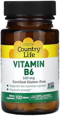 Country Life Vitamin B-6, Supports Energy and The Nervous System, 100mg, 100 Vegan Capsules (Веганские капсулы), Certified Gluten Free, Certified Vegan, Certified Halal, Non-GMO Verified… Country Life