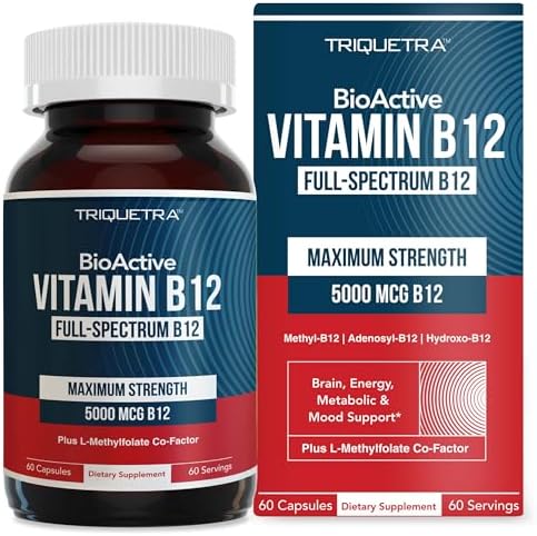 BioActive Vitamin B12 - 5000 mcg, Contains 3 BioActive B12 Forms Plus Methylfolate Cofactor - Methyl B12, Adenosyl B12 & Hydroxy B12 | Supports Energy, Metabolism & Mood | Vegan, Non-GMO (60 Servings (Порции)) Triquetra Health