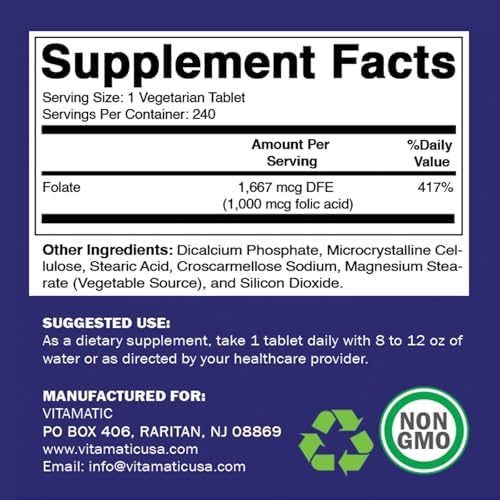 Vitamatic Folic Acid 1000 mcg (1 mg) - Vegetarian Tablets - 1667 mcg DFE - Vitamin B9 (240 Count (Pack of 1)) Vitamatic