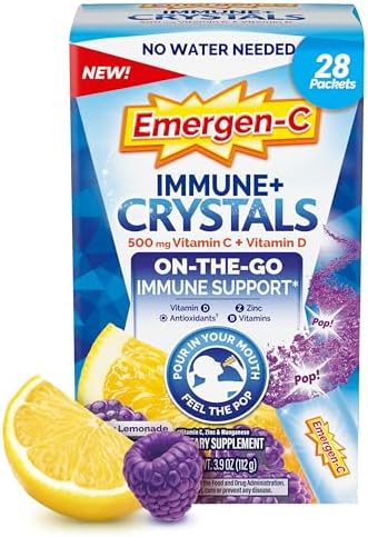 Emergen-C Immune Plus Crystals, On-The-Go Immune Support Supplement with Vitamin C, Vitamin D, B Vitamins, Zinc and Manganese, Berry Lemonade - 28 Stick Packs Emergen-C