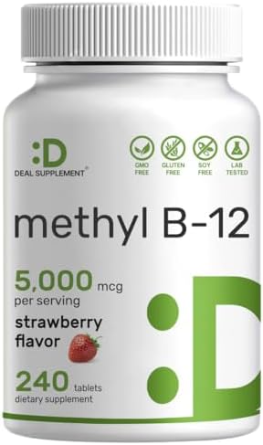 DEAL SUPPLEMENT Methyl B-12 Vitamins 5000 mcg, 240 Chewable Tablets (Жевательные таблетки) | Active Form - Strawberry Flavored - Energy Support & Brain Health Function - Vegetarian & GMO Free DEAL SUPPLEMENT